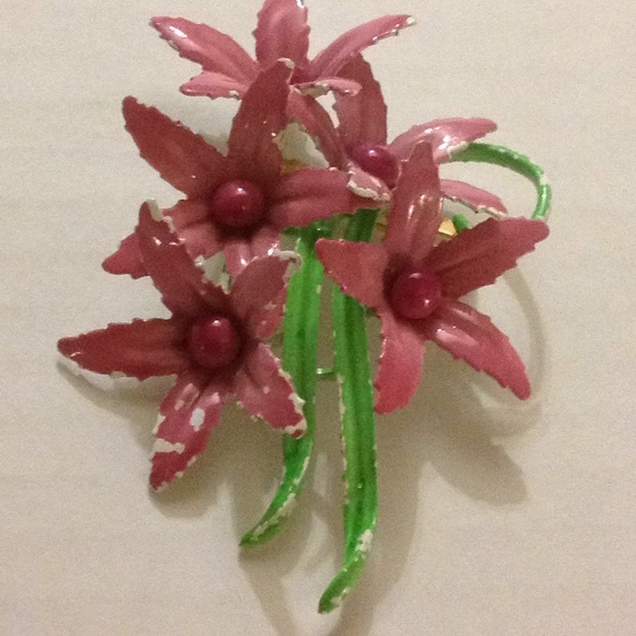 Pink XL Enamel Flower Pin Brooch 1920 1930 1940 - Picture 3 of 8